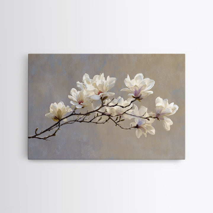 Delicate Magnolia Branch on Cream Background Canvas Print, Above Bed Art, Gallery Decor, Bedroom Decor, Oil Painting, Serenity, ABA-3x2-68