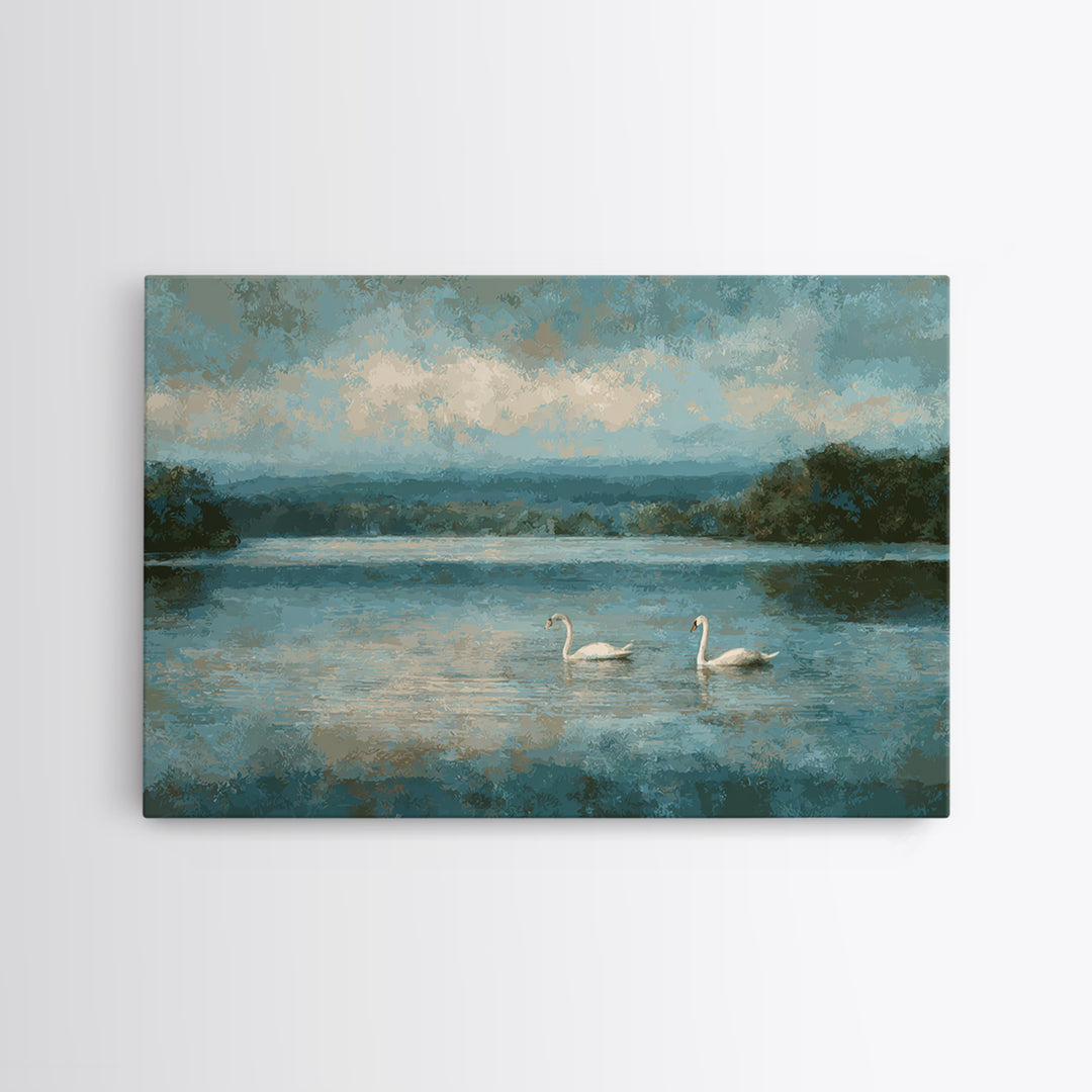 Paired Swans in a Dreamy Painterly Lake Framed Canvas Print, Above Bed Art, Living Room Decor, Bedroom Decor, Serenity, ABA-3x2-74