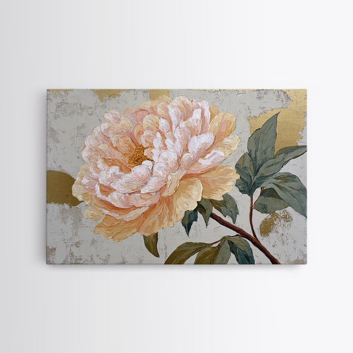 Romantic Oversized Peony Bloom on Warm Linen Framed Canvas Print, Above Bed Art, Boho Wall Decor, Bedroom Decor, Abstract Art, ABA-3x2-78