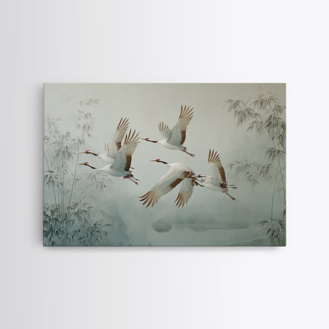 Ethereal Cranes Flying Through Pale Morning Mist Framed Canvas Print, Above Bed Art, Bedroom Wall Art, Bedroom Decor, Serenity, ABA-3x2-85