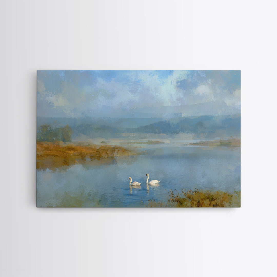 Paired Swans in a Dreamy Painterly Lake Canvas Print, Above Bed Art, Sage Green Wall Art, Bedroom Decor, Oil Painting, Serenity, ABA-3x2-98