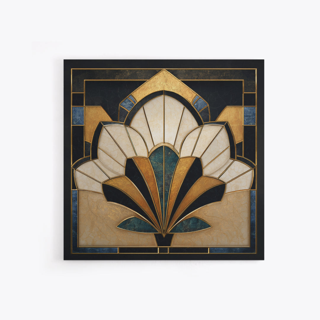 Geometric Lotus Flower Framed Canvas Print, Art Deco Art, Art, Living Room Decor, Oil Painting, Glamour, Art Nouveau, ADA-1x1-12