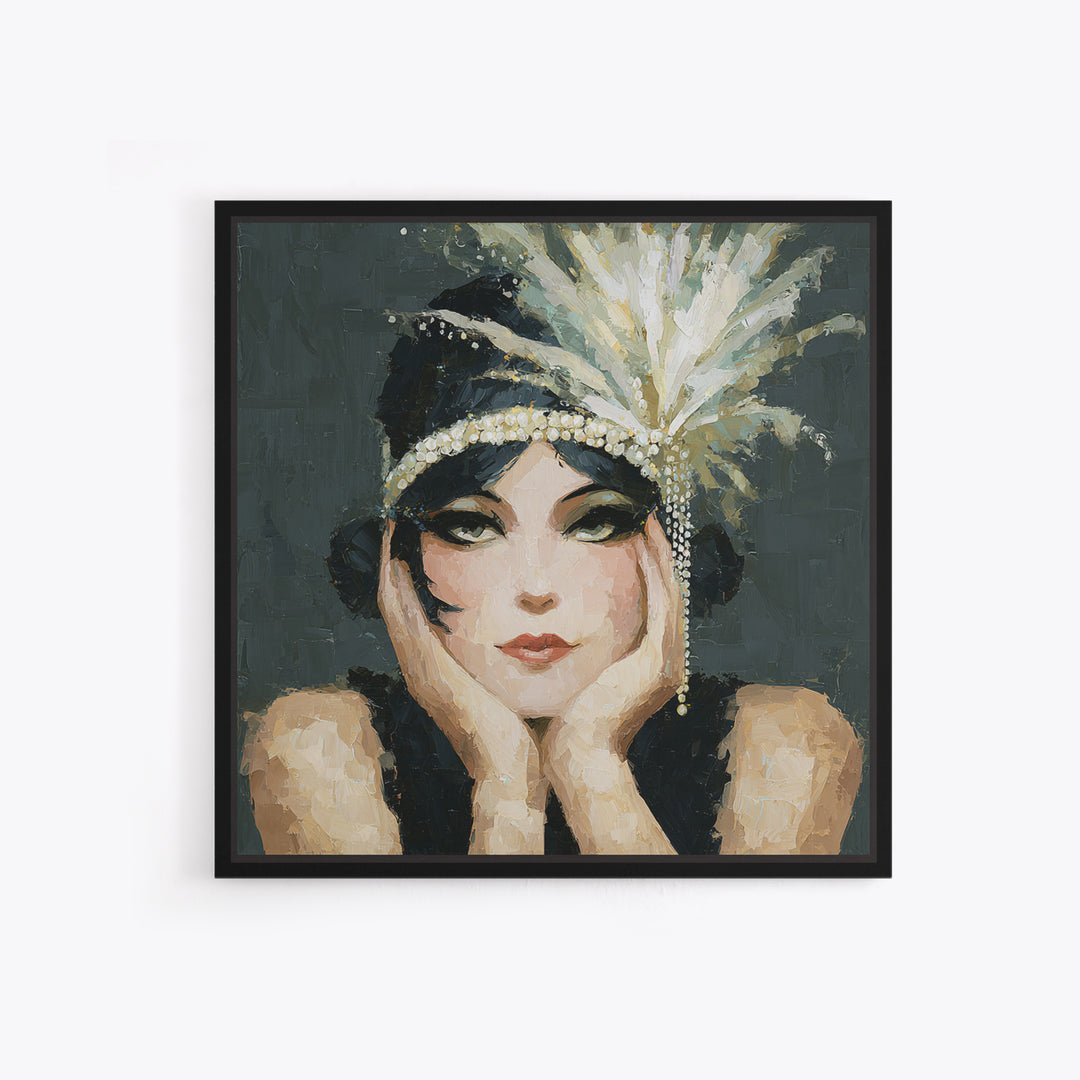 Flapper Portrait with Pearl Strands and Dramatic Framed Canvas Print, Art Deco Art, Gallery Decor, Living Room Decor, Glamour, ADA-1x1-38