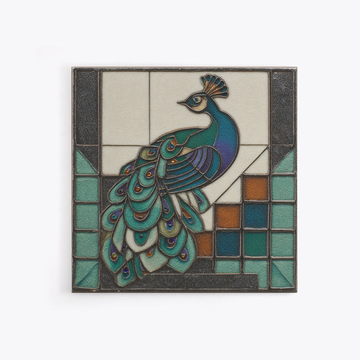 Sleek Peacock with Jeweled Feathers and Stepped Canvas Print, Art Deco Art, Blue Wallpaper, Living Room Decor, Glamour, ADA-1x1-51