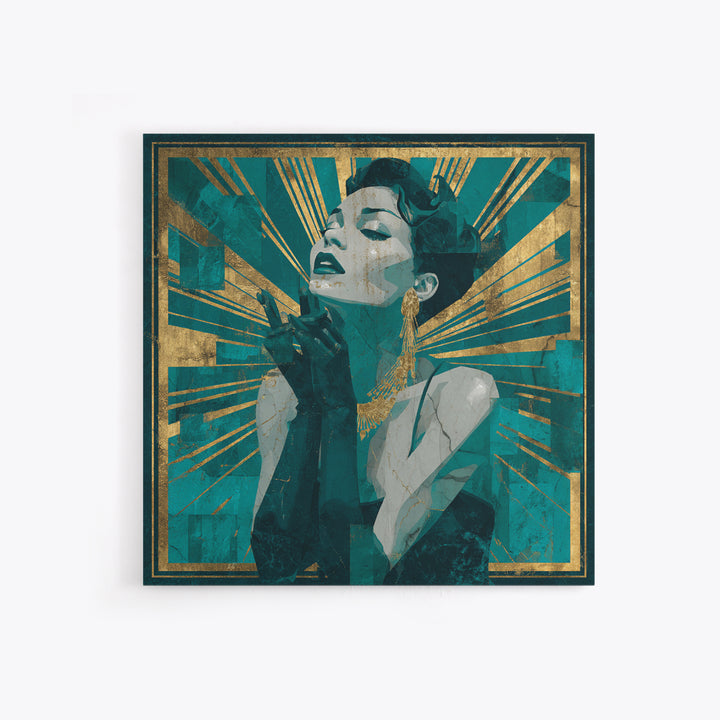 Moonlit Jazz Singer Framed by Gold Lines Canvas Print, Art Deco Art, Fine Art Print, Living Room Decor, Abstract Art, Glamour, ADA-1x1-95