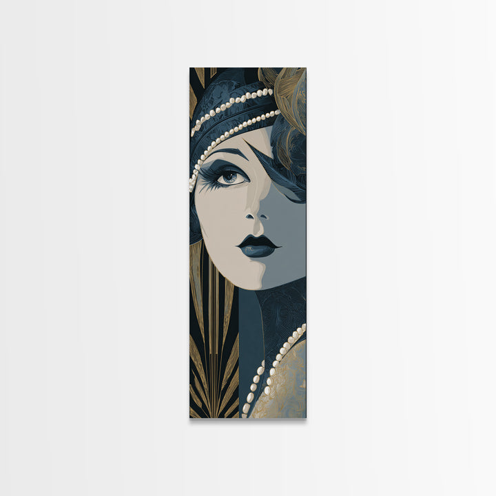 Flapper Portrait with Pearl Strands and Dramatic Canvas Print, Art Deco Art, Fine Art Print, Living Room Decor, Glamour, ADA-1x3-50