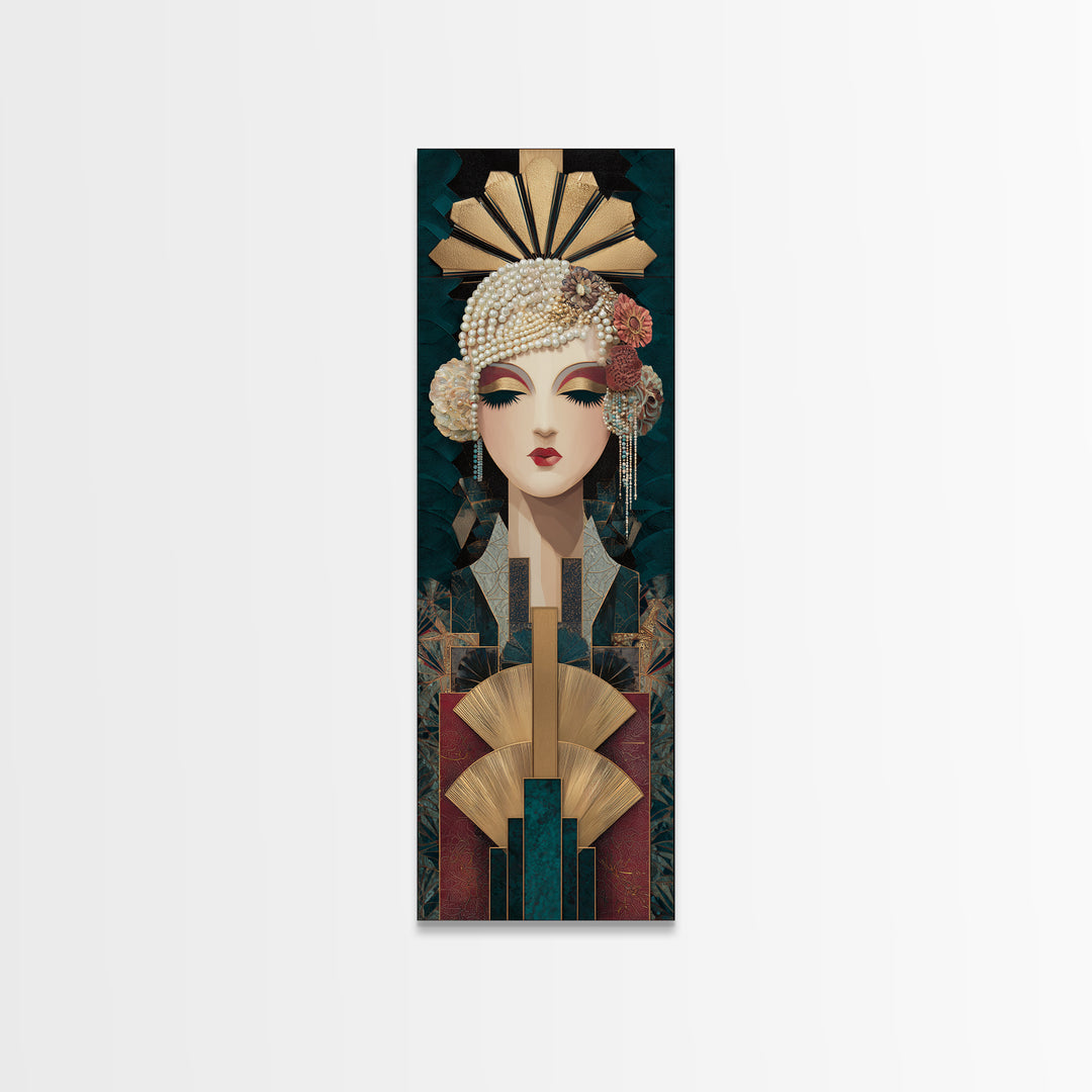 Flapper Portrait with Pearl Strands and Dramatic Canvas Print, Art Deco Art, Fine Art Print, Living Room Decor, Glamour, ADA-1x3-74