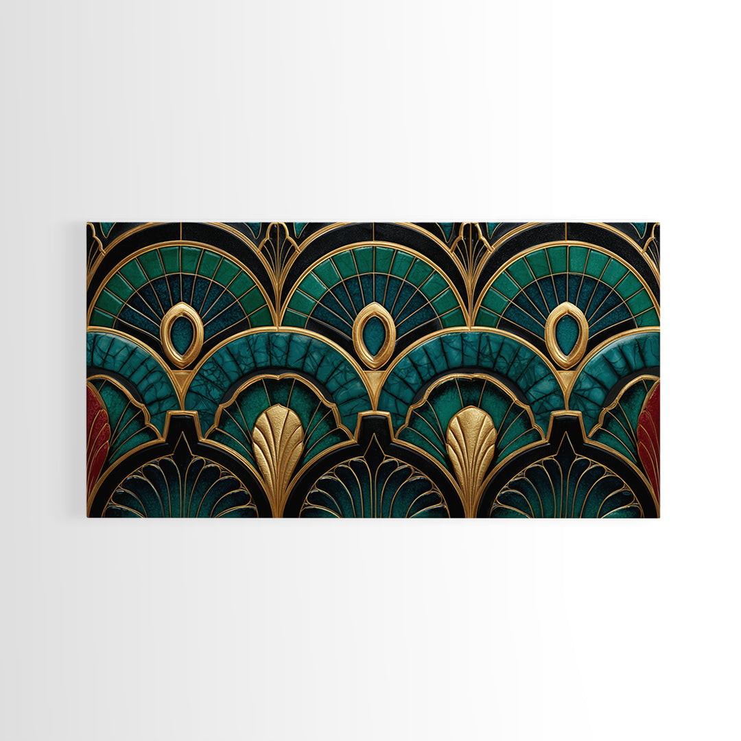 Emerald Peacock Feather Pattern Framed Canvas Print, Art Deco Art, Statement Artwork, Living Room Decor, Fine Art, Glamour, ADA-2x1-20