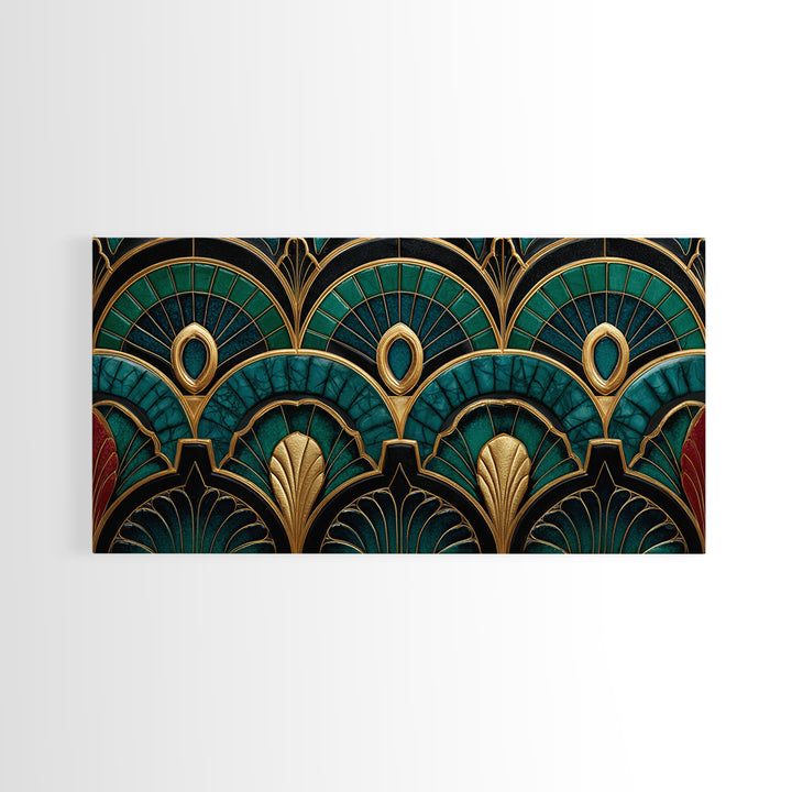 Emerald Peacock Feather Pattern Framed Canvas Print, Art Deco Art, Statement Artwork, Living Room Decor, Fine Art, Glamour, ADA-2x1-20