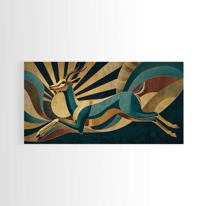 Stylized Gazelle Leaping Through Gold Rays Framed Canvas Print, Art Deco Art, Wall Decor, Living Room Decor, Fine Art, Glamour, ADA-2x1-33