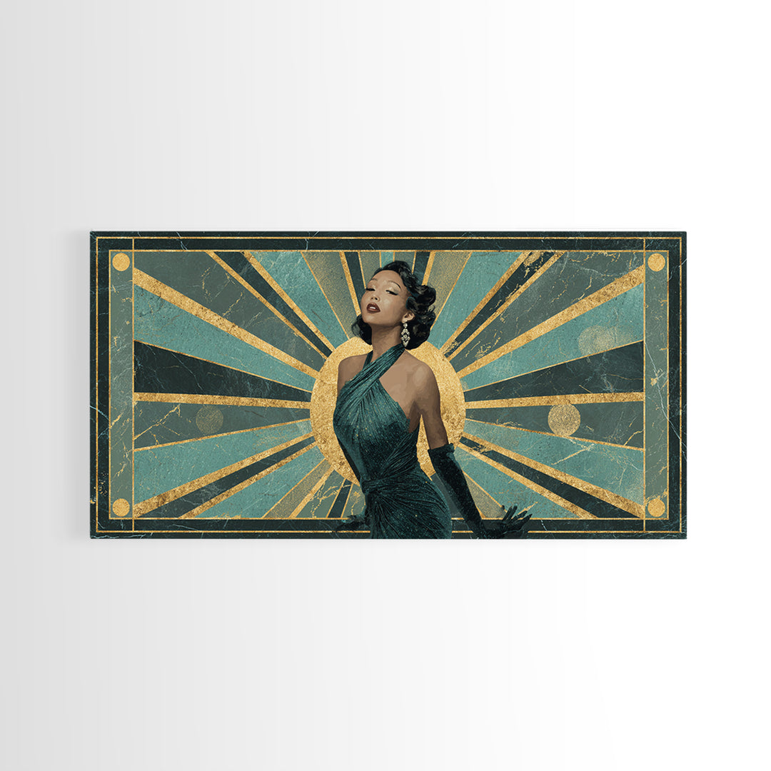 Moonlit Jazz Singer Framed by Gold Lines Framed Canvas Print, Art Deco Art, Digital Art, Living Room Decor, Fine Art, Glamour, ADA-2x1-43