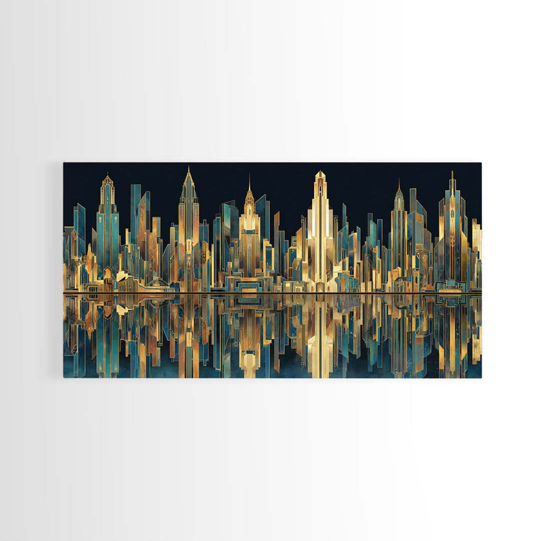Stylized City Skyline Framed Canvas Print, Art Deco Art, Art, Living Room Decor, Fine Art, Glamour, Art Nouveau, Abstract Art, ADA-2x1-50