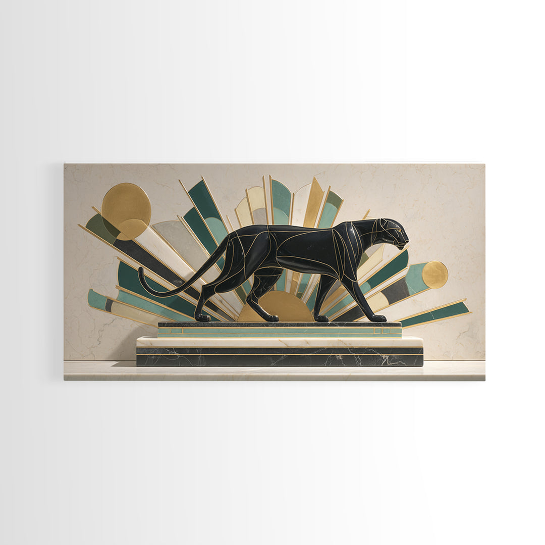 Black Panther Sculpture on a Marble Plinth Framed Canvas Print, Art Deco Art, Gallery Wall Art, Living Room Decor, Glamour, ADA-2x1-79