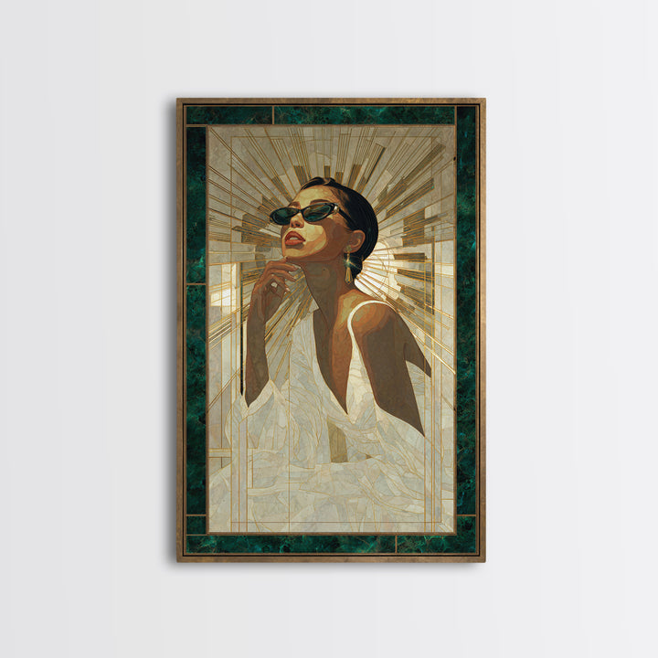 Moonlit Jazz Singer Framed by Gold Lines Canvas Print, Art Deco Art, Boho, Living Room Decor, Abstract Art, Glamour, ADA-2x3-79