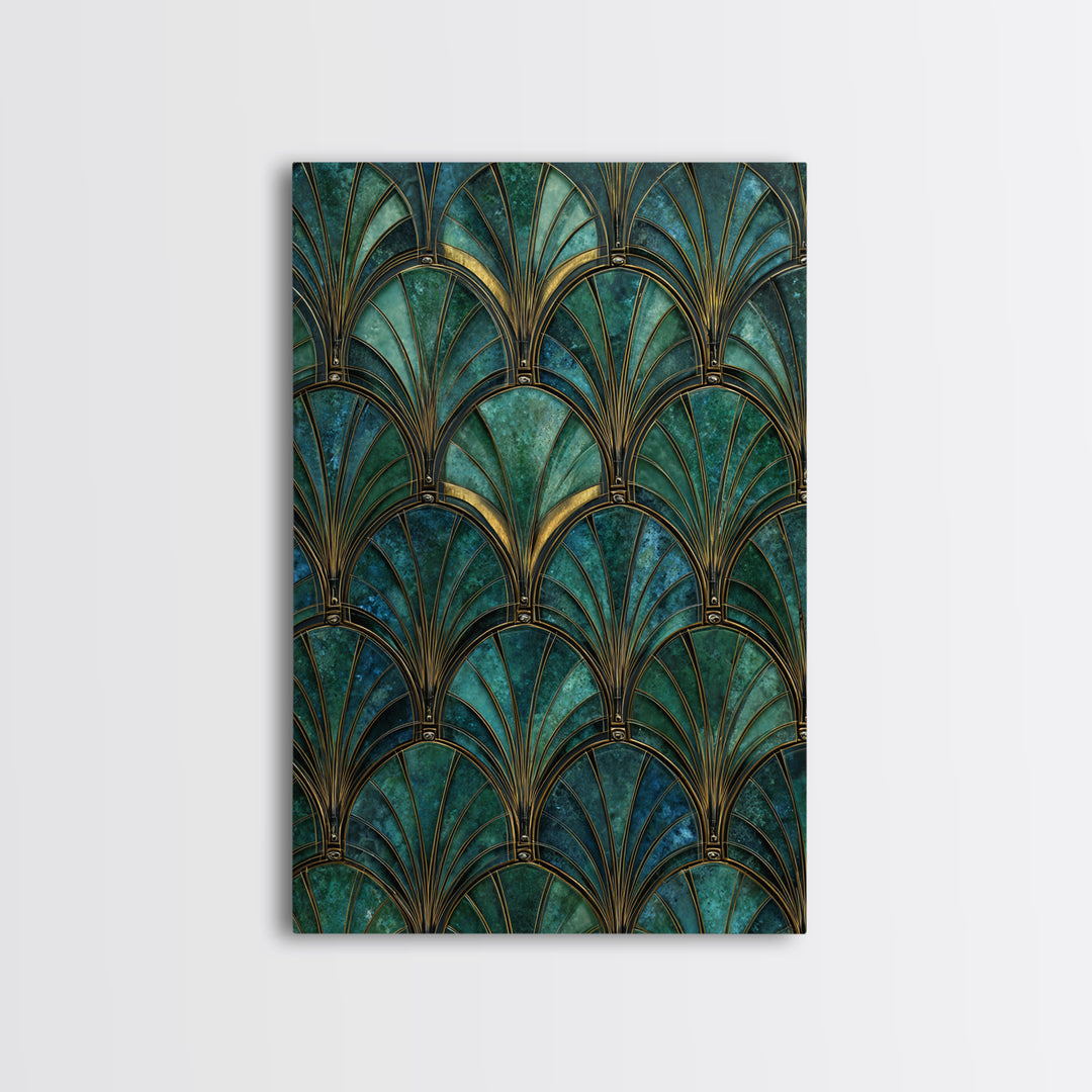Emerald Peacock Feather Pattern Framed Canvas Print, Art Deco Art, Blue Wallpaper, Living Room Decor, Oil Painting, Glamour, ADA-2x3-8