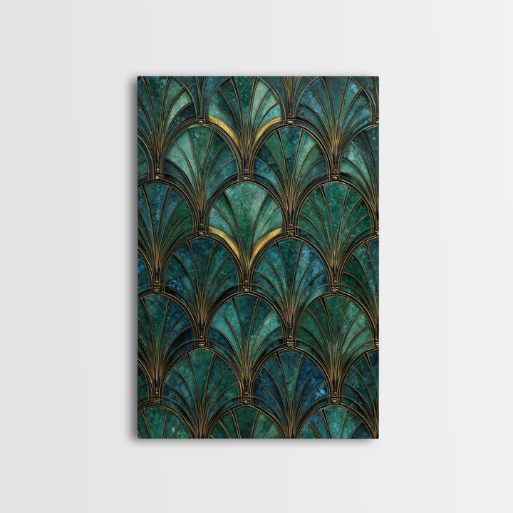 Emerald Peacock Feather Pattern Framed Canvas Print, Art Deco Art, Blue Wallpaper, Living Room Decor, Oil Painting, Glamour, ADA-2x3-8