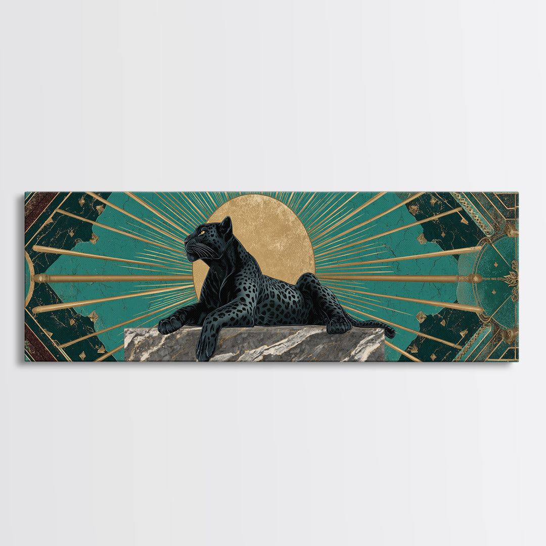 Black Panther Sculpture on a Marble Plinth Framed Canvas Print, Art Deco Art, Textured Painting, Living Room Decor, Glamour, ADA-3x1-27