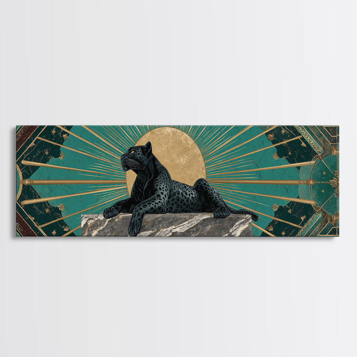 Black Panther Sculpture on a Marble Plinth Framed Canvas Print, Art Deco Art, Textured Painting, Living Room Decor, Glamour, ADA-3x1-27