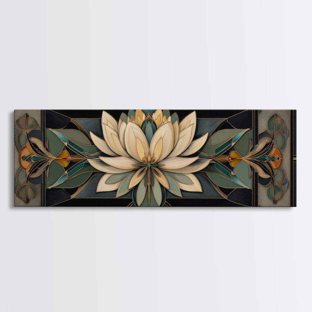 Geometric Lotus Flower Framed Canvas Print, Art Deco Art, Blue Wallpaper, Living Room Decor, Watercolor Art, Glamour, ADA-3x1-28