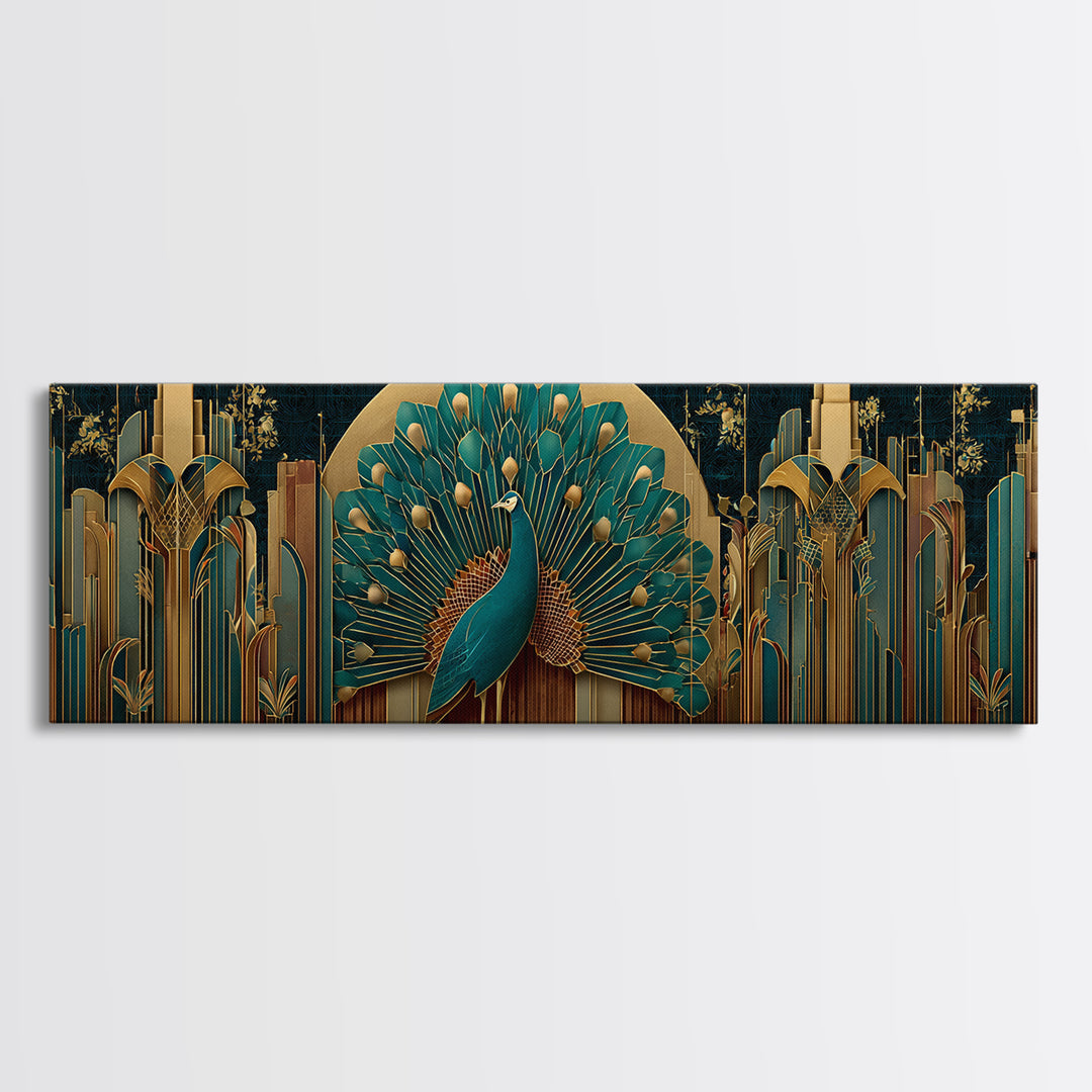 Sleek Peacock with Jeweled Feathers and Stepped Canvas Print, Art Deco Art, Living Room Decor, Abstract Art, Glamour, ADA-3x1-43