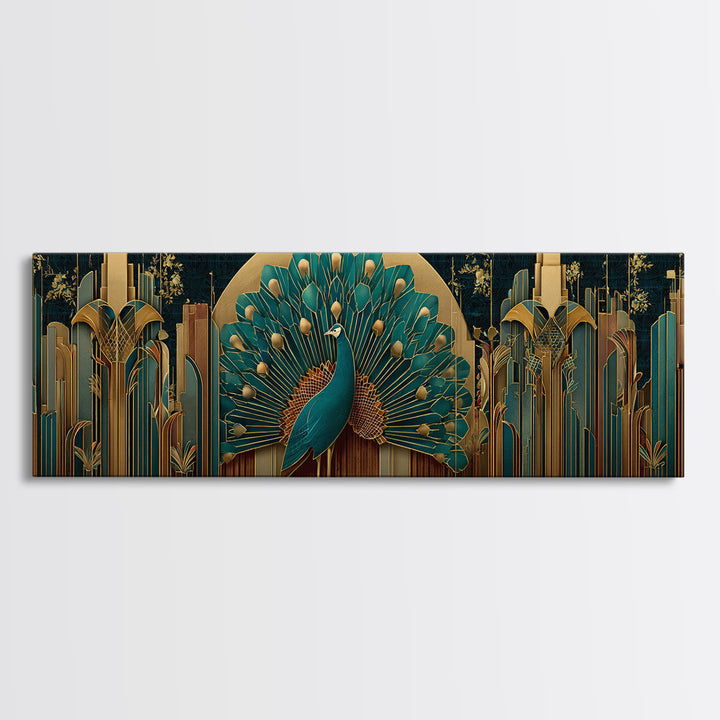Sleek Peacock with Jeweled Feathers and Stepped Canvas Print, Art Deco Art, Living Room Decor, Abstract Art, Glamour, ADA-3x1-43