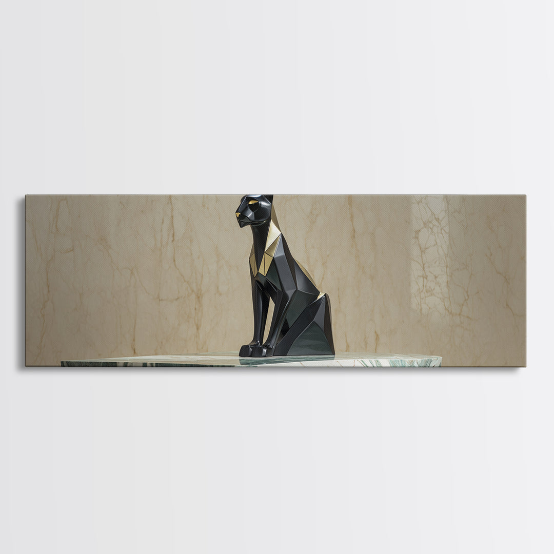 Black Panther Sculpture on a Marble Plinth Framed Canvas Print, Art Deco Art, Digital Art, Living Room Decor, Fine Art, Glamour, ADA-3x1-51