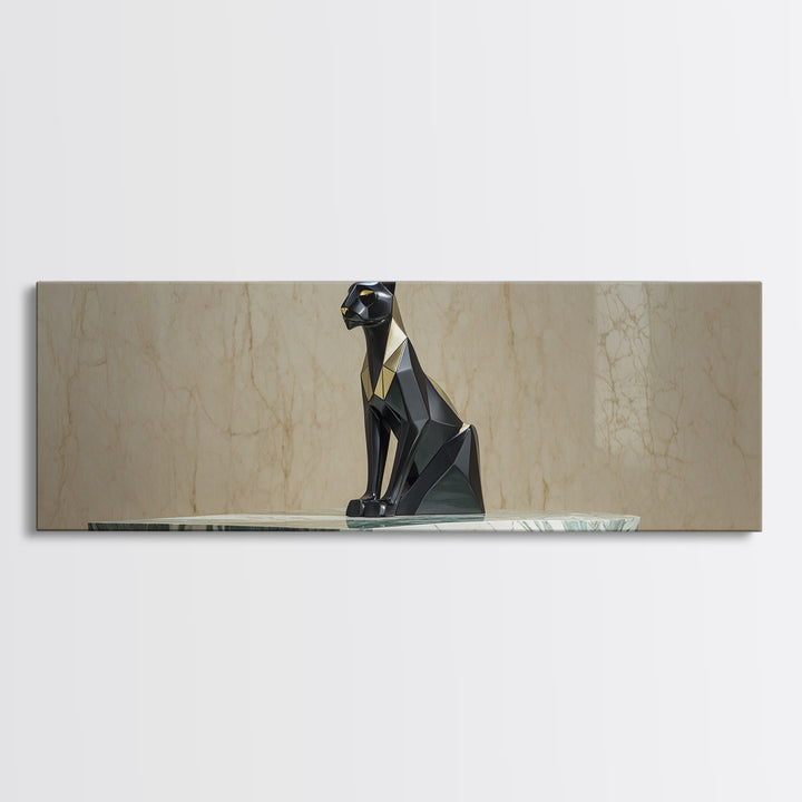 Black Panther Sculpture on a Marble Plinth Framed Canvas Print, Art Deco Art, Digital Art, Living Room Decor, Fine Art, Glamour, ADA-3x1-51