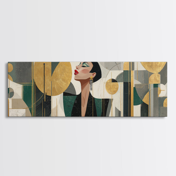 Moonlit Jazz Singer Framed by Gold Lines Framed Canvas Print, Art Deco Art, Living Room Decor, Abstract Art, Glamour, ADA-3x1-63
