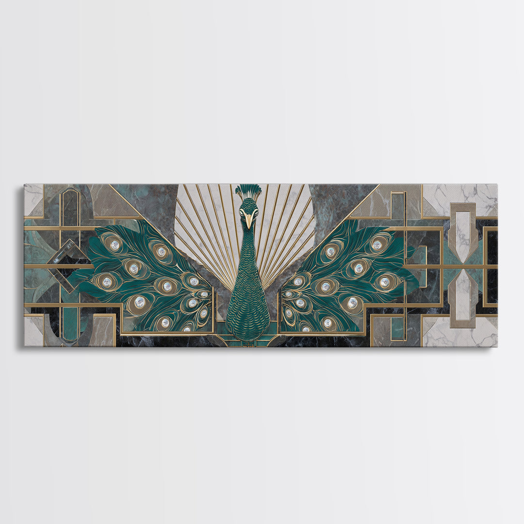 Sleek Peacock with Jeweled Feathers and Stepped Canvas Print, Art Deco Art, Mid Century Modern, Living Room Decor, Glamour, ADA-3x1-67