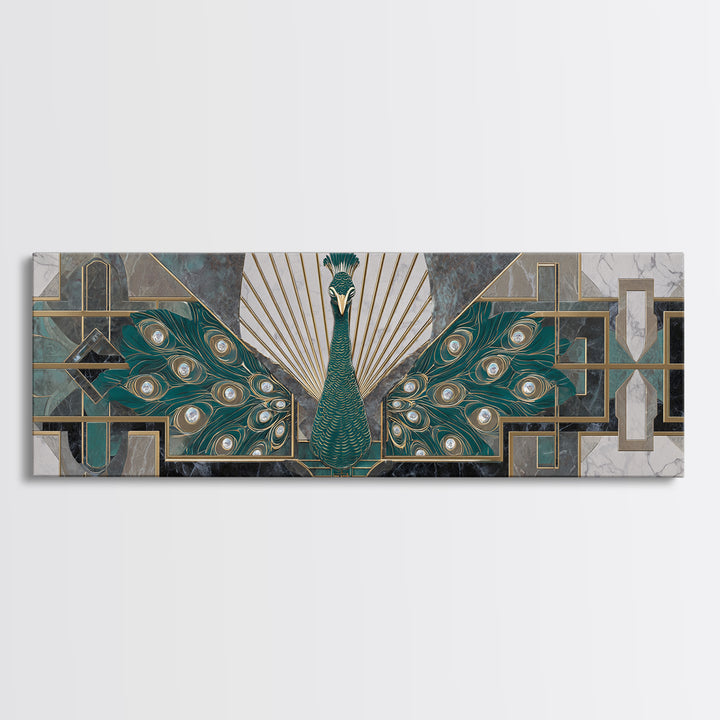 Sleek Peacock with Jeweled Feathers and Stepped Canvas Print, Art Deco Art, Mid Century Modern, Living Room Decor, Glamour, ADA-3x1-67