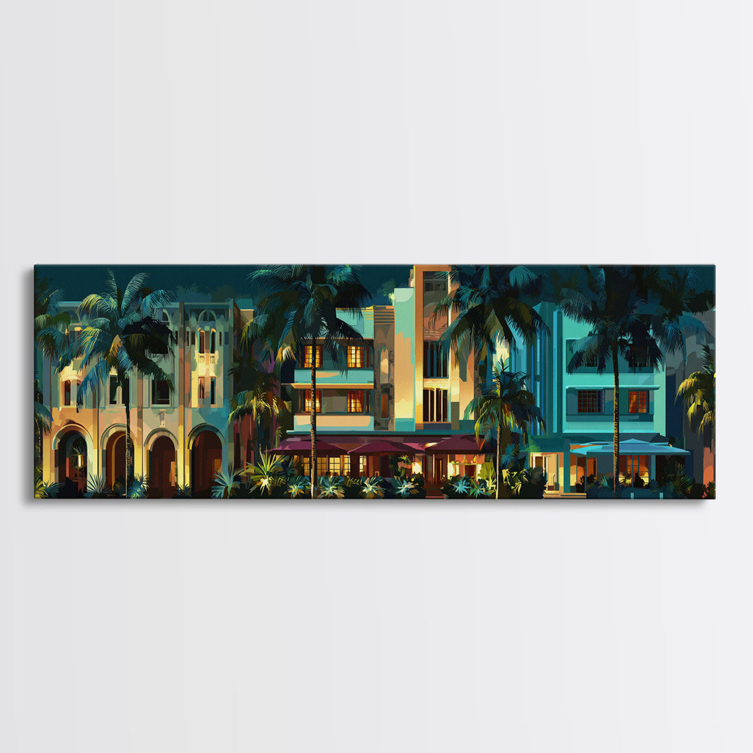 Tropical Hotel Facade Canvas Print, Art Deco Art, Wall Decor, Living Room Decor, Fine Art, Glamour, Abstract Art, Digital Print, ADA-3x1-80