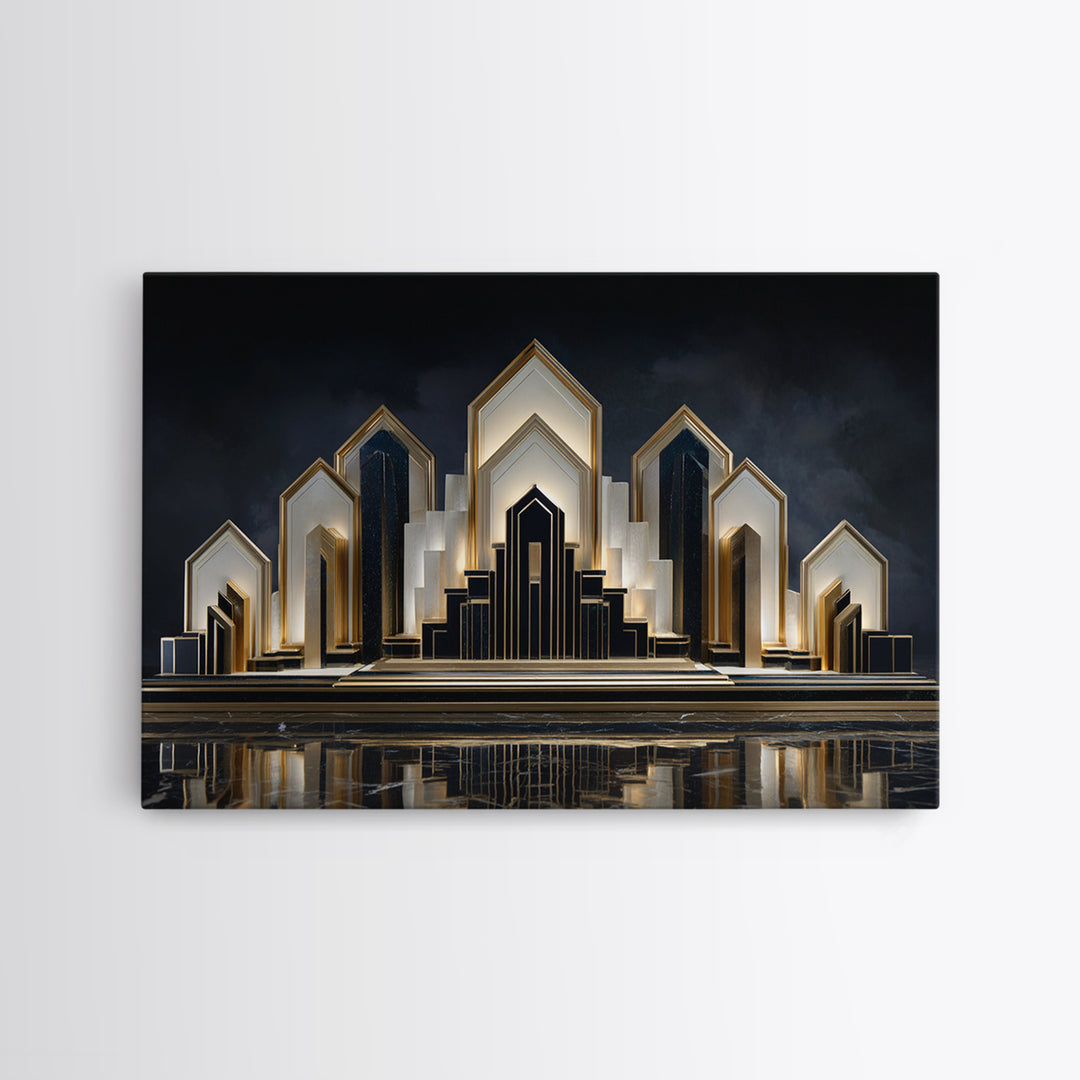 Stylized City Skyline Framed Canvas Print, Art Deco Art, Digital Print, Living Room Decor, Fine Art, Glamour, Downloadable Art, ADA-3x2-10