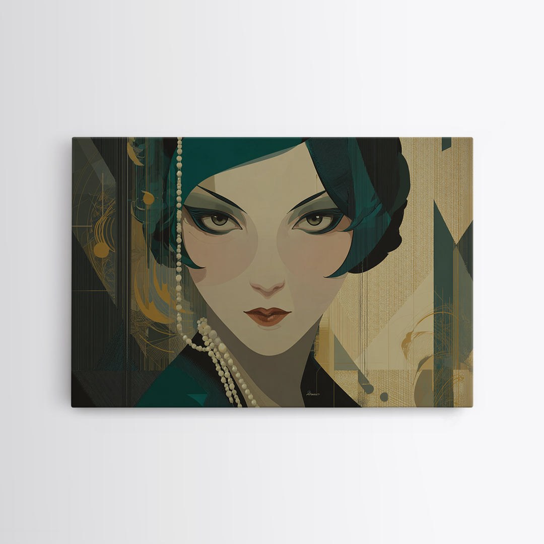 Flapper Portrait with Pearl Strands and Dramatic Canvas Print, Art Deco Art, Printable Art, Living Room Decor, Oil Painting, ADA-3x2-42