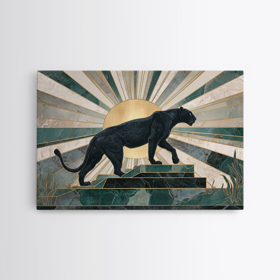 Black Panther Sculpture on a Marble Plinth Framed Canvas Print, Art Deco Art, Wall Art Print, Living Room Decor, Glamour, ADA-3x2-63