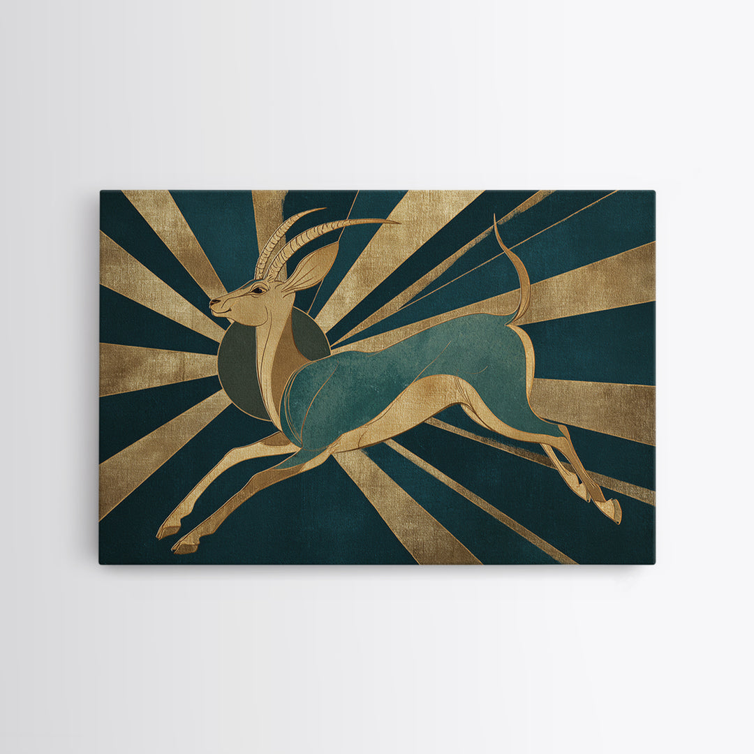 Stylized Gazelle Leaping Through Gold Rays Canvas Print, Art Deco Art, Downloadable Art, Living Room Decor, Glamour, Art Print, ADA-3x2-65
