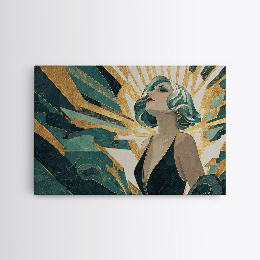 Moonlit Jazz Singer Framed by Gold Lines Canvas Print, Art Deco Art, Decor, Living Room Decor, Abstract Art, Glamour, ADA-3x2-75