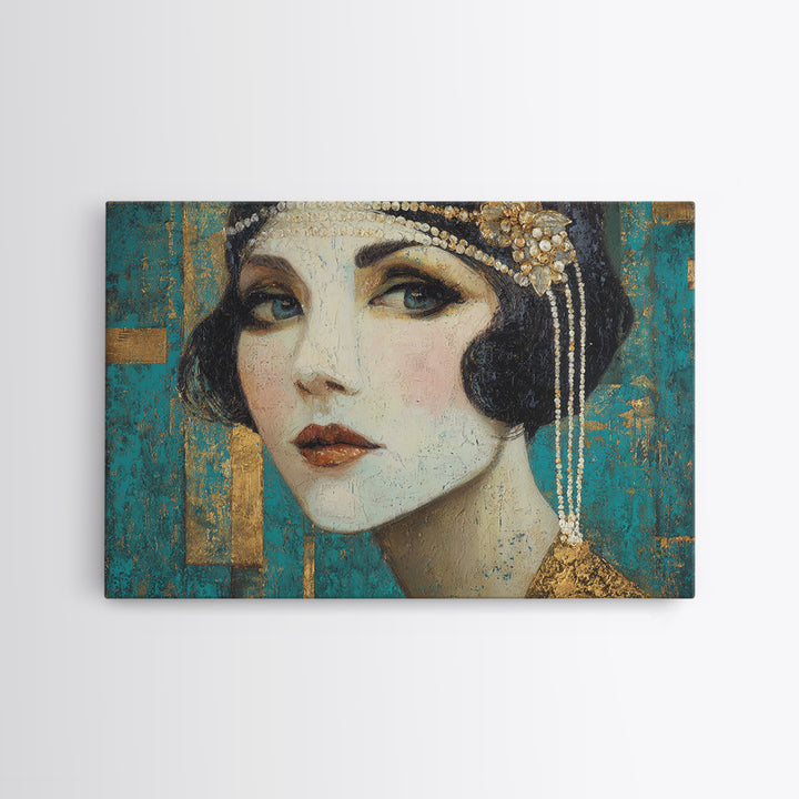 Flapper Portrait with Pearl Strands and Dramatic Canvas Print, Art Deco Art, Removable Wallpaper, Living Room Decor, Glamour, ADA-3x2-90