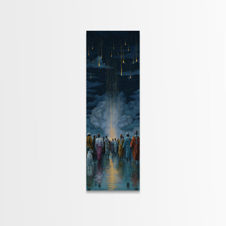 Robed Figures Watching Golden Light Rain From Clouds, Wall Art, Spiritual African Canvas Print, Mystical Home Decor Gift