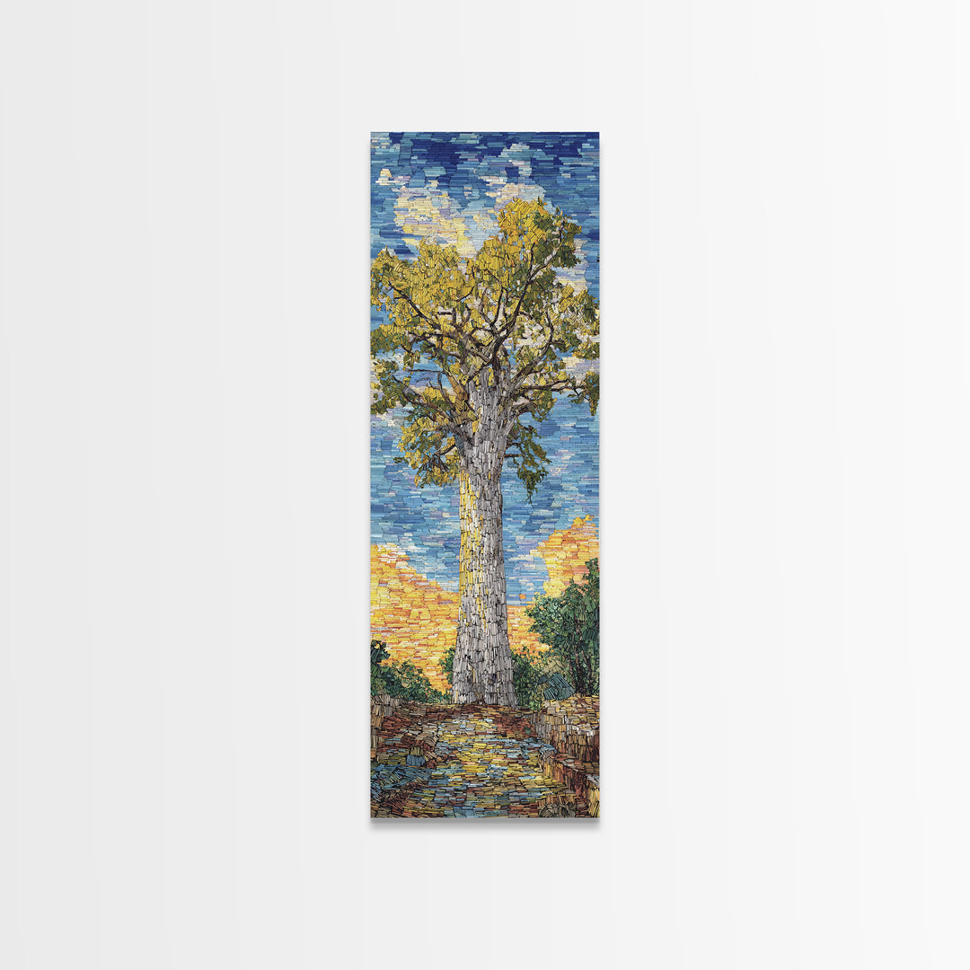 Impressionist Baobab Mosaic Path, African Wall Art, Blue Yellow Safari Landscape, Textured Decor, Premium Canvas Print Gift