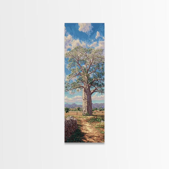 Sunlit Baobab Tree Landscape, African Wall Art, Safari Decor, Nature Scene Art, Blue Sky Framed Canvas Print Gift For Living Room
