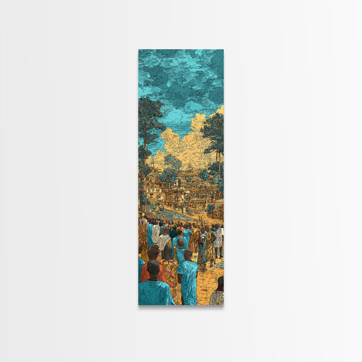 Bustling African Village Market, African Wall Art, Cultural Decor, West Africa Art, Turquoise Canvas Print Home Decor Gift
