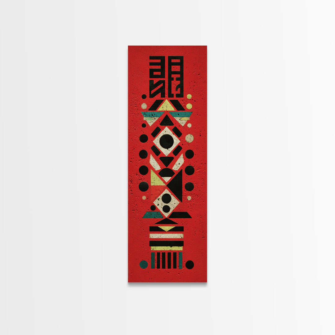 Red Tribal Geometric Totem, African Wall Art, Modern Afro Decor, Ethnic Pattern Framed Canvas Print Statement Gift For Home
