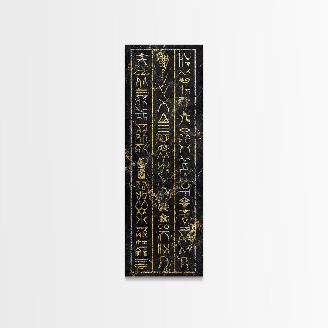 Gold Ancient African Glyphs On Black Wall Art, Tribal Hieroglyphic Canvas, Afrocentric Decor, Cultural Home Decor Gift For Living Room