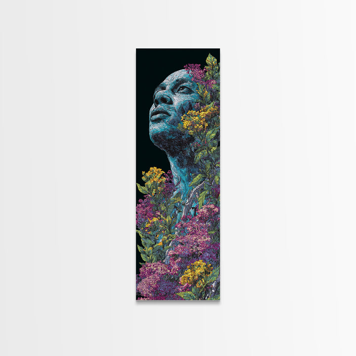 Blue Floral African Portrait Wall Art, Black Man Nature Canvas, Afrocentric Artwork, Contemporary Home Decor Gift For Living Room