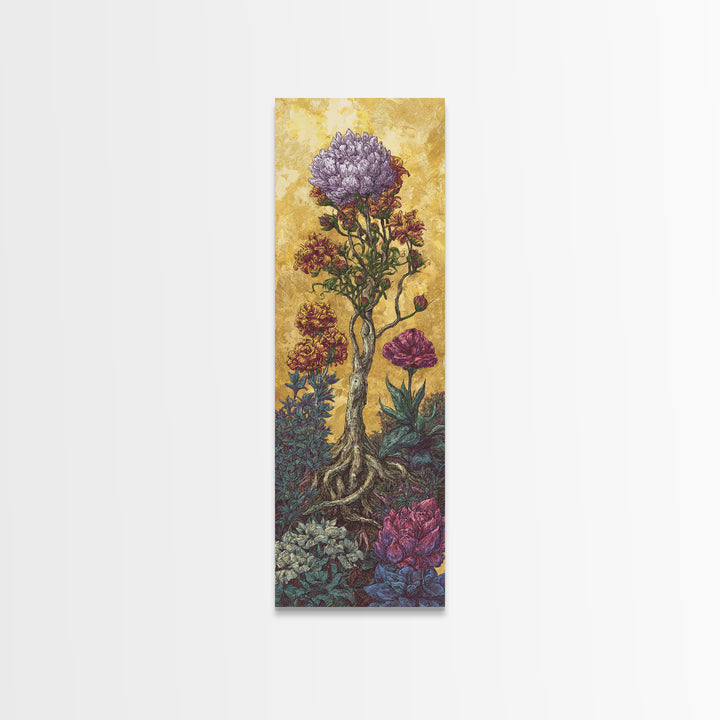 Golden Surreal African Flowering Tree Canvas Print, Botanical Wall Decor, Nature Scene Art, Elegant Home Decor Gift For Living Room