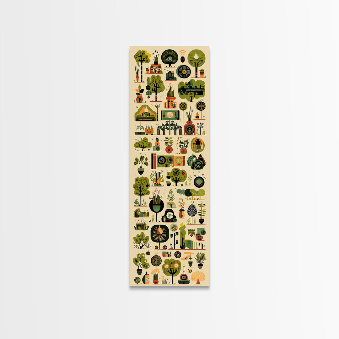 Whimsical African Garden Icon Wall Art, Botanical Pattern Canvas, Green Nature Decor, Modern Afrocentric Home Decor Gift
