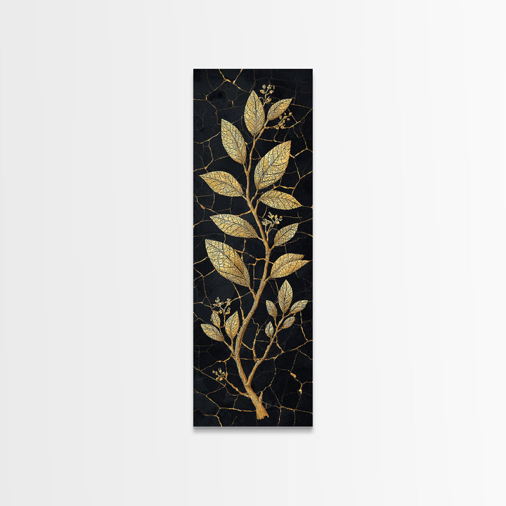 Gold Botanical Branch On Cracked Black Stone Wall Art, Luxury Canvas Print, Elegant Home Decor, Nature Artwork Gift For Living Room