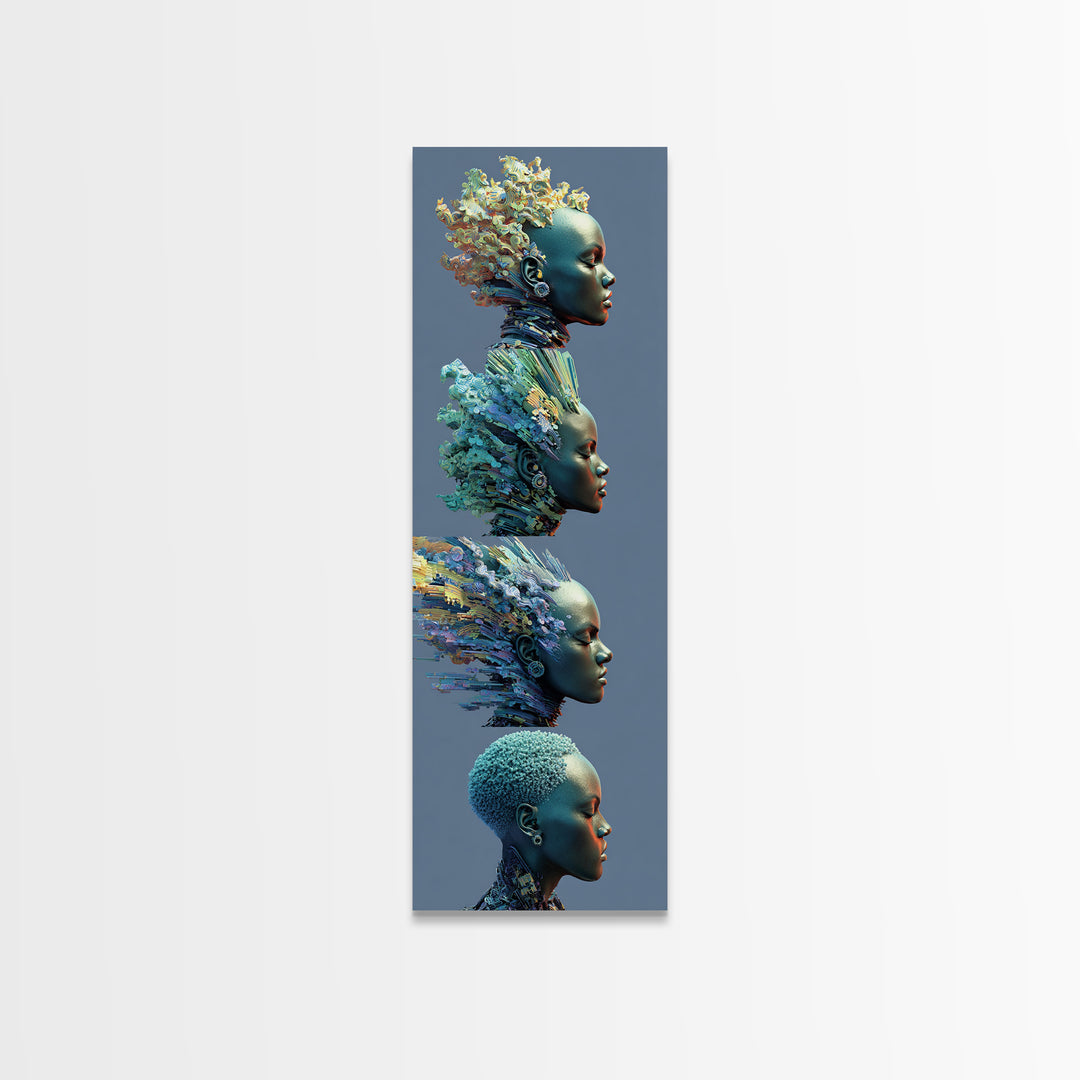 Four Blue African Women In Profile With Floral Hair Framed Canvas Print, Afrocentric Wall Art, Black Beauty Portrait Decor