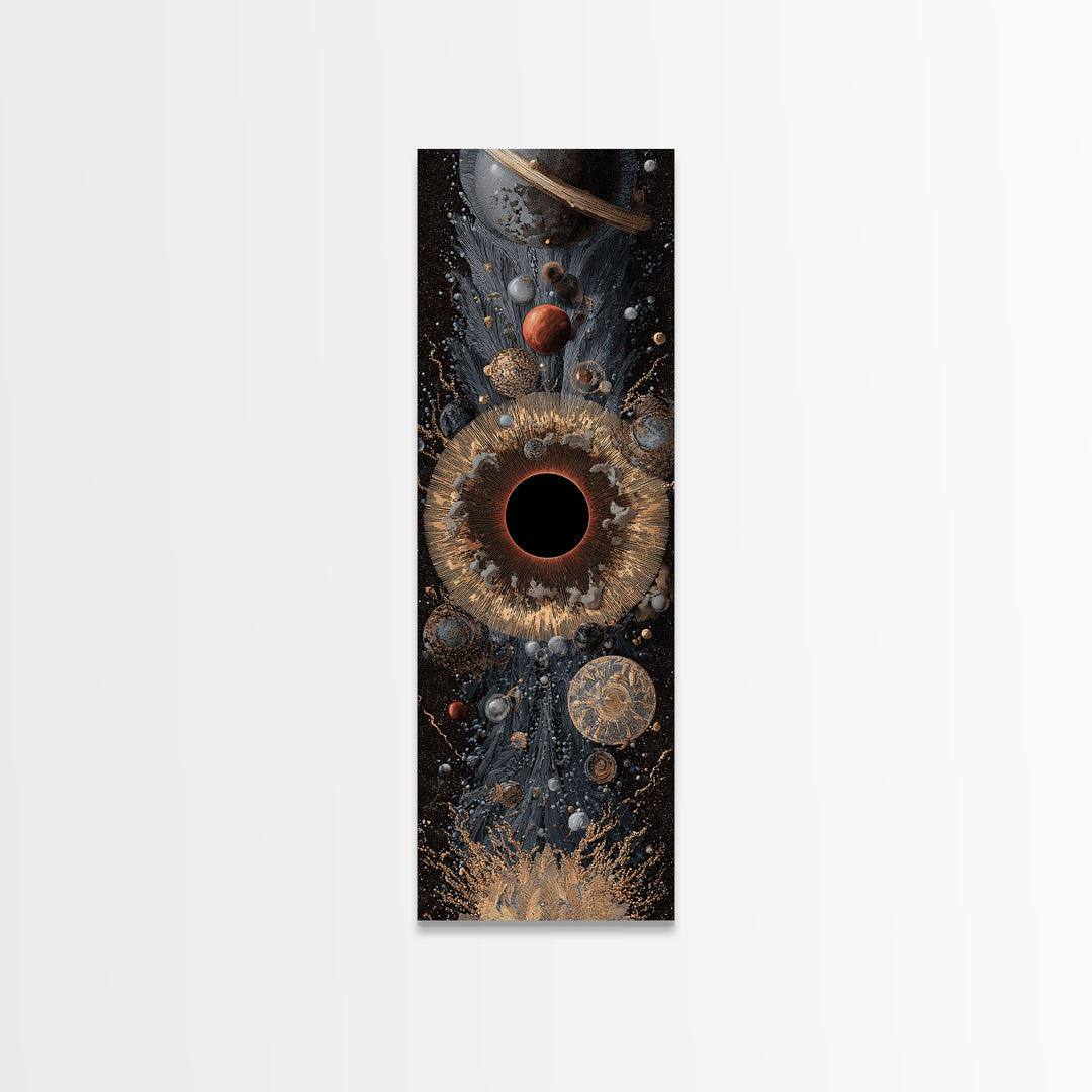 Cosmic Black Hole With Gold Planets And Textured Orbit Canvas Print, Abstract Wall Art, Modern Space Decor, Luxury Art Gift