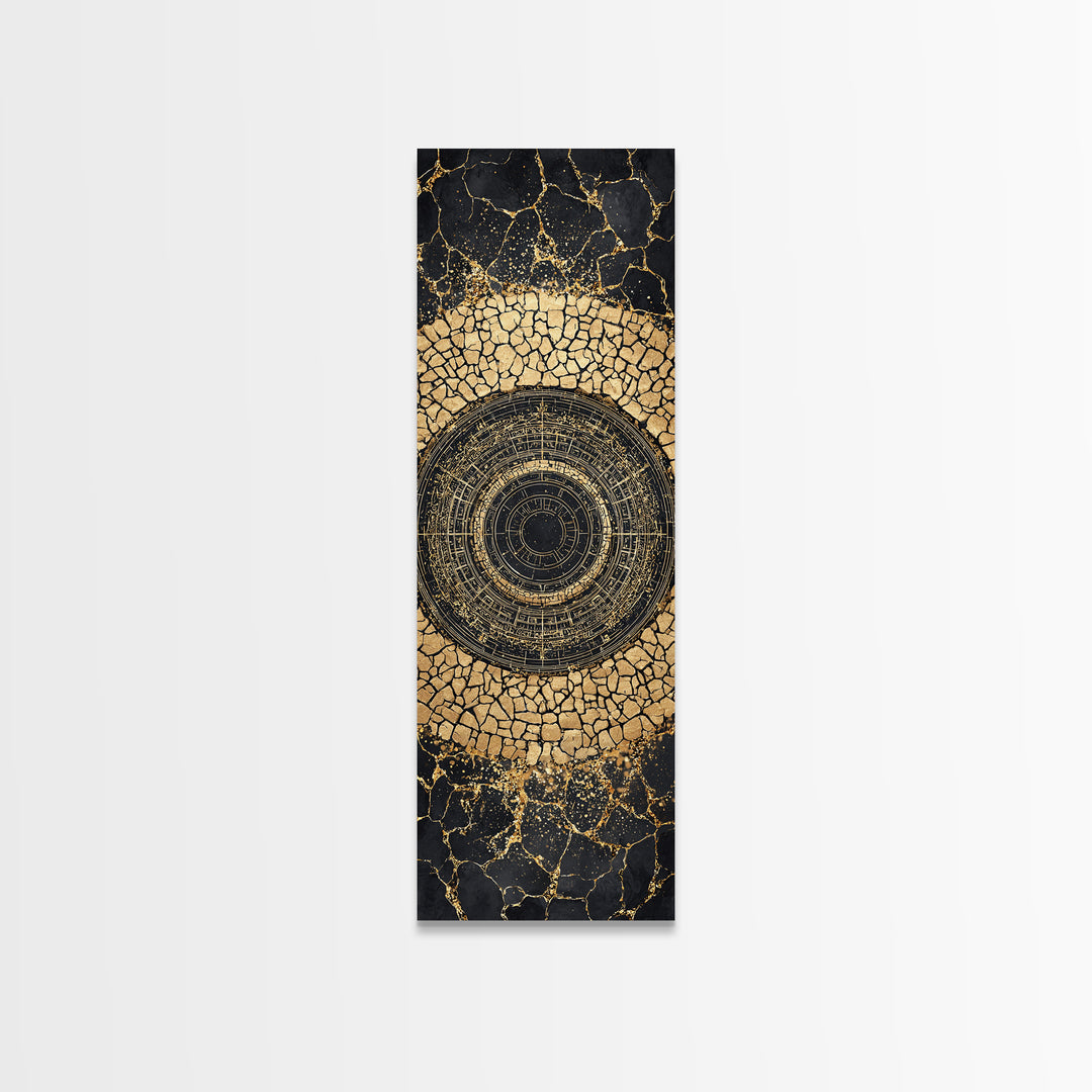 Cracked Gold Circular Mandala On Black Stone Wall Art, Geometric Canvas Print, African Inspired Decor, Bold Statement Gift